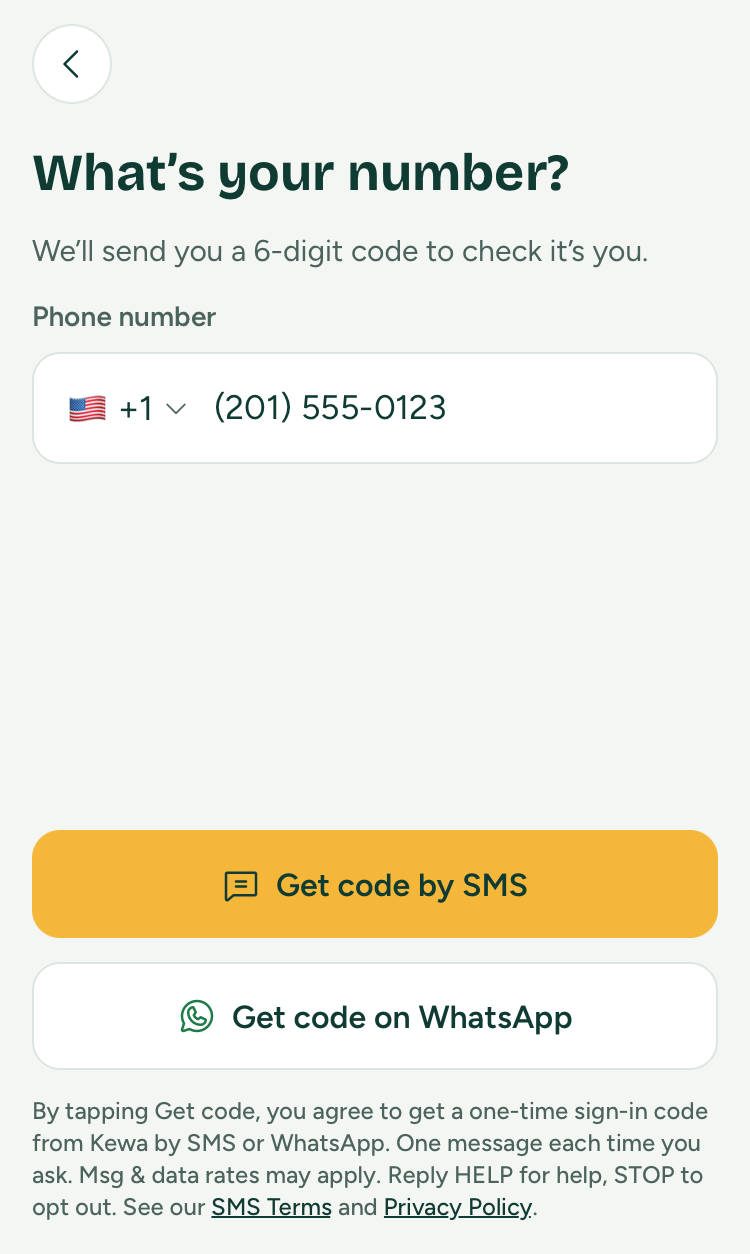 The Kewa sign-in screen. The phone number field is above two buttons, Get code by SMS and Get code on WhatsApp, and the consent wording sits under the buttons.
